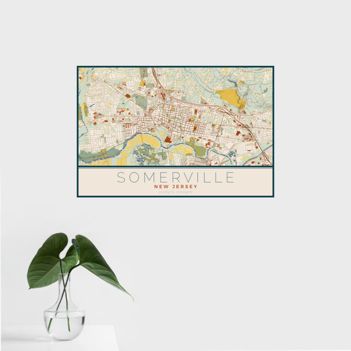 16x24 Somerville New Jersey Map Print Landscape Orientation in Woodblock Style With Tropical Plant Leaves in Water