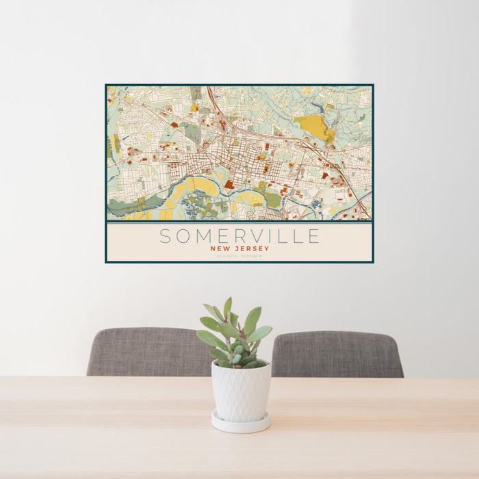 24x36 Somerville New Jersey Map Print Landscape Orientation in Woodblock Style Behind 2 Chairs Table and Potted Plant
