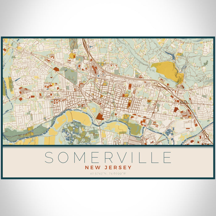 Somerville New Jersey Map Print Landscape Orientation in Woodblock Style With Shaded Background
