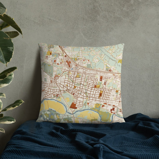 Custom Somerville New Jersey Map Throw Pillow in Woodblock on Bedding Against Wall