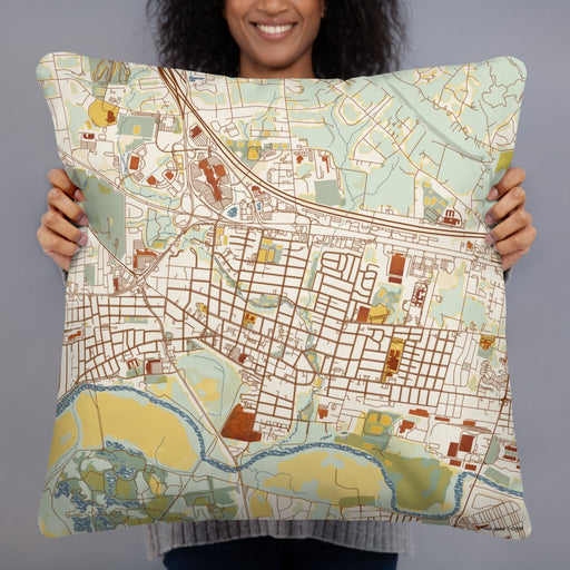 Person holding 22x22 Custom Somerville New Jersey Map Throw Pillow in Woodblock
