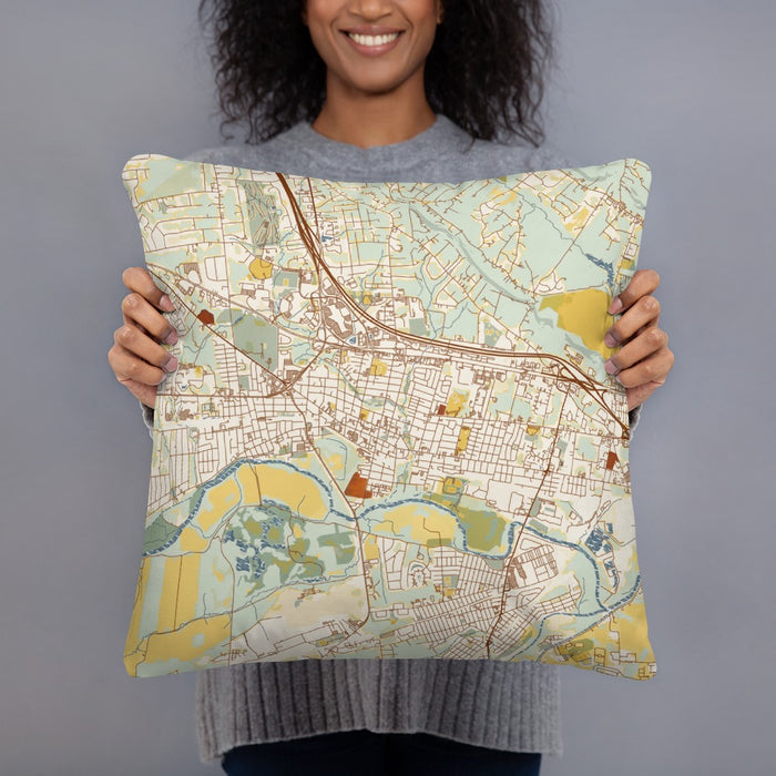 Person holding 18x18 Custom Somerville New Jersey Map Throw Pillow in Woodblock