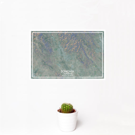 12x18 Sonoma California Map Print Landscape Orientation in Afternoon Style With Small Cactus Plant in White Planter