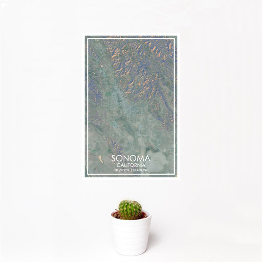 12x18 Sonoma California Map Print Portrait Orientation in Afternoon Style With Small Cactus Plant in White Planter