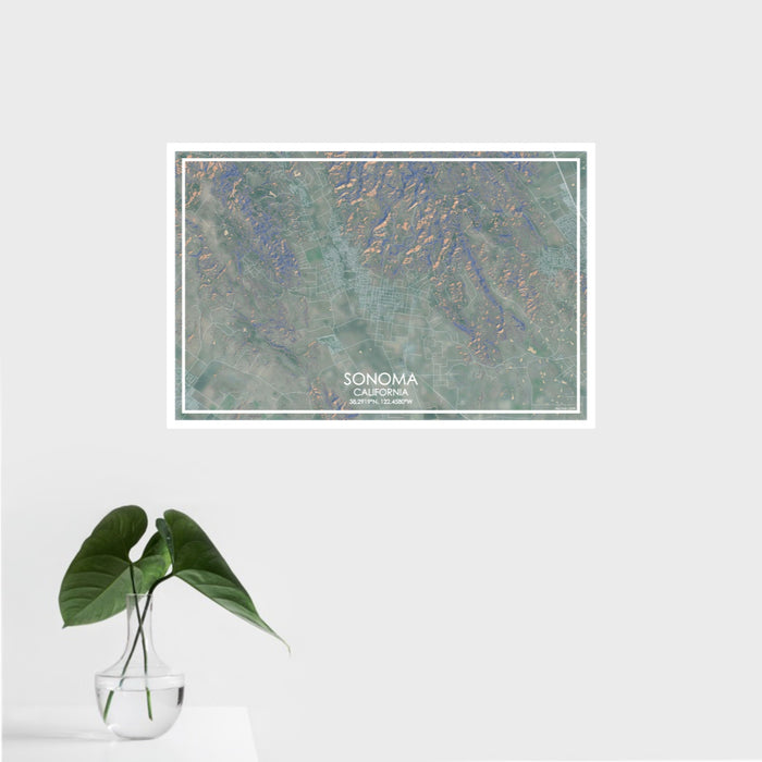 16x24 Sonoma California Map Print Landscape Orientation in Afternoon Style With Tropical Plant Leaves in Water