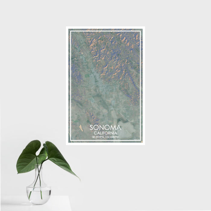 16x24 Sonoma California Map Print Portrait Orientation in Afternoon Style With Tropical Plant Leaves in Water