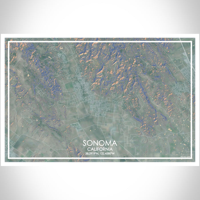 Sonoma California Map Print Landscape Orientation in Afternoon Style With Shaded Background