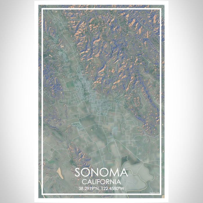 Sonoma California Map Print Portrait Orientation in Afternoon Style With Shaded Background