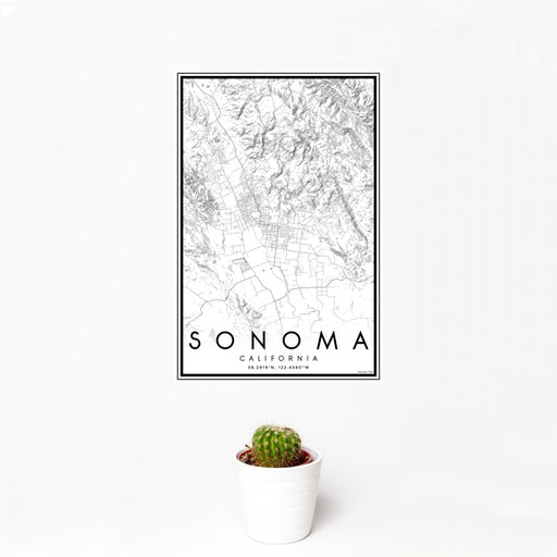 12x18 Sonoma California Map Print Portrait Orientation in Classic Style With Small Cactus Plant in White Planter