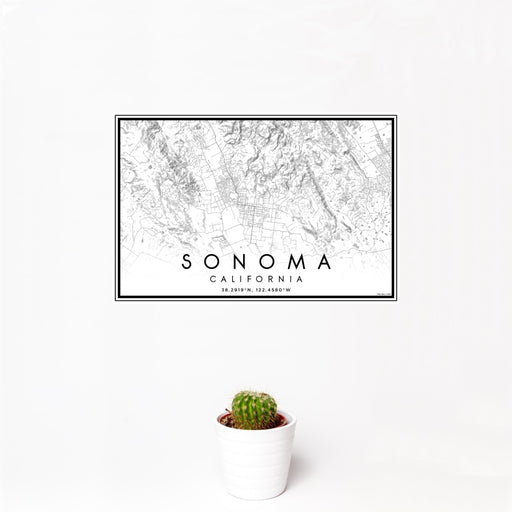 12x18 Sonoma California Map Print Landscape Orientation in Classic Style With Small Cactus Plant in White Planter