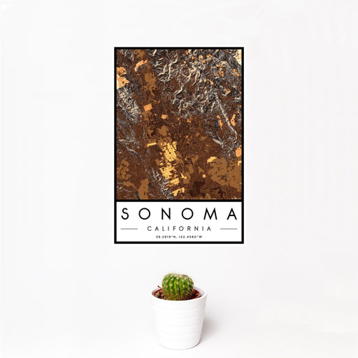 12x18 Sonoma California Map Print Portrait Orientation in Ember Style With Small Cactus Plant in White Planter