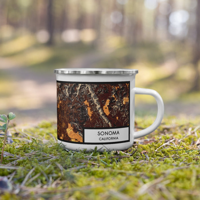 Right View Custom Sonoma California Map Enamel Mug in Ember on Grass With Trees in Background
