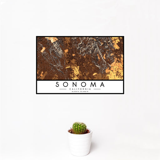 12x18 Sonoma California Map Print Landscape Orientation in Ember Style With Small Cactus Plant in White Planter