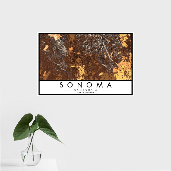 16x24 Sonoma California Map Print Landscape Orientation in Ember Style With Tropical Plant Leaves in Water