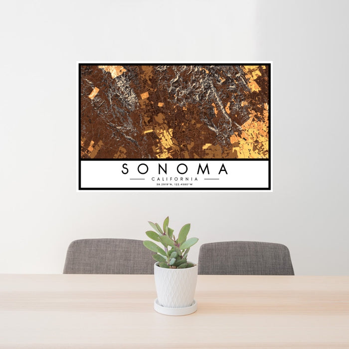 24x36 Sonoma California Map Print Landscape Orientation in Ember Style Behind 2 Chairs Table and Potted Plant