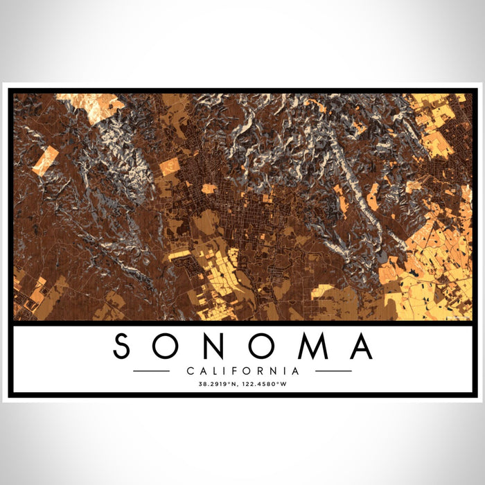 Sonoma California Map Print Landscape Orientation in Ember Style With Shaded Background