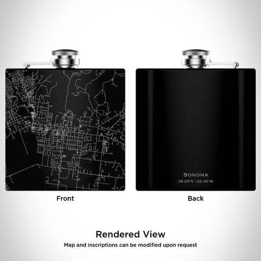 Rendered View of Sonoma California Map Engraving on 6oz Stainless Steel Flask in Black