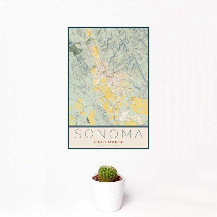 12x18 Sonoma California Map Print Portrait Orientation in Woodblock Style With Small Cactus Plant in White Planter