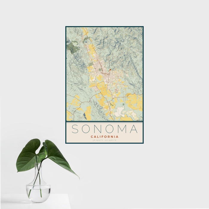 16x24 Sonoma California Map Print Portrait Orientation in Woodblock Style With Tropical Plant Leaves in Water