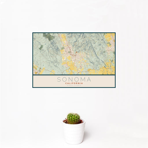 12x18 Sonoma California Map Print Landscape Orientation in Woodblock Style With Small Cactus Plant in White Planter