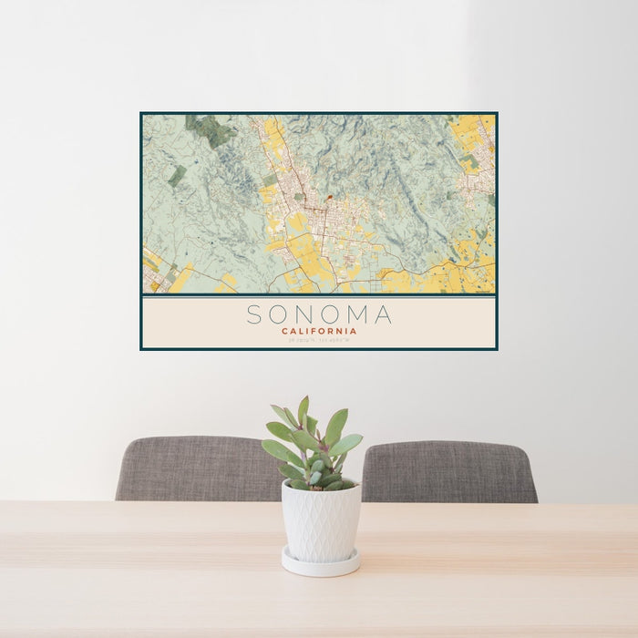 24x36 Sonoma California Map Print Landscape Orientation in Woodblock Style Behind 2 Chairs Table and Potted Plant