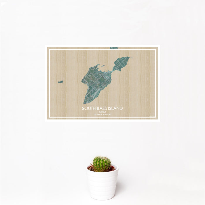 12x18 South Bass Island Ohio Map Print Landscape Orientation in Afternoon Style With Small Cactus Plant in White Planter