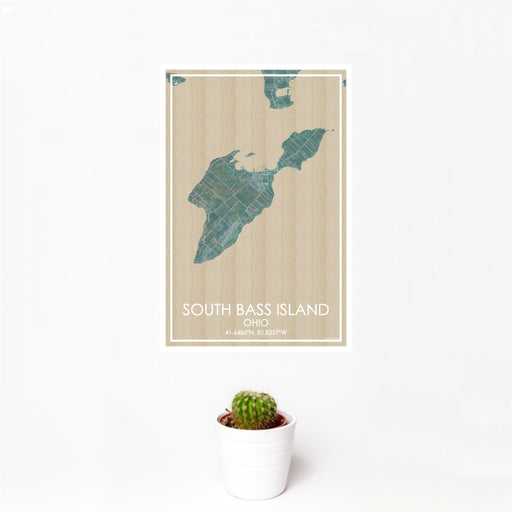 12x18 South Bass Island Ohio Map Print Portrait Orientation in Afternoon Style With Small Cactus Plant in White Planter