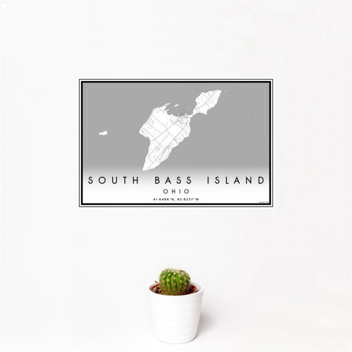 12x18 South Bass Island Ohio Map Print Landscape Orientation in Classic Style With Small Cactus Plant in White Planter