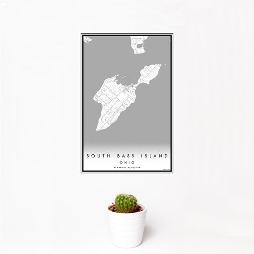 12x18 South Bass Island Ohio Map Print Portrait Orientation in Classic Style With Small Cactus Plant in White Planter