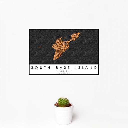 12x18 South Bass Island Ohio Map Print Landscape Orientation in Ember Style With Small Cactus Plant in White Planter