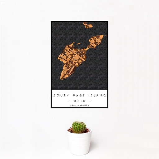 12x18 South Bass Island Ohio Map Print Portrait Orientation in Ember Style With Small Cactus Plant in White Planter