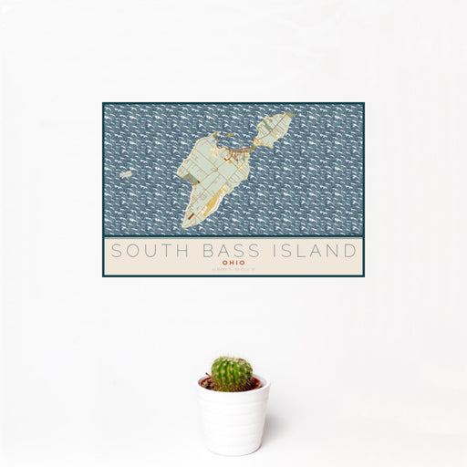 12x18 South Bass Island Ohio Map Print Landscape Orientation in Woodblock Style With Small Cactus Plant in White Planter