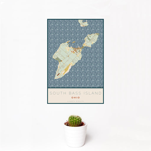 12x18 South Bass Island Ohio Map Print Portrait Orientation in Woodblock Style With Small Cactus Plant in White Planter