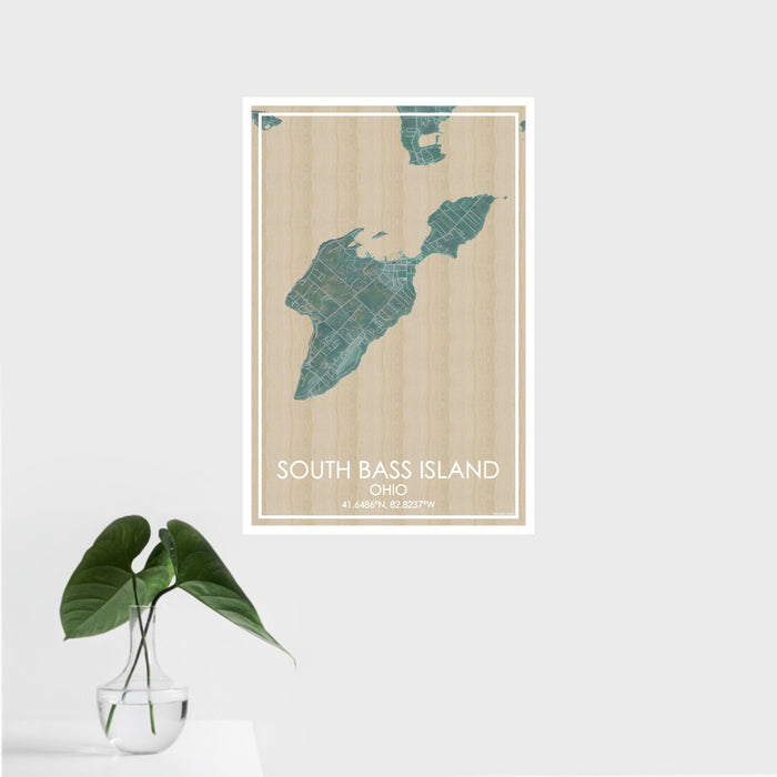 16x24 South Bass Island Ohio Map Print Portrait Orientation in Afternoon Style With Tropical Plant Leaves in Water