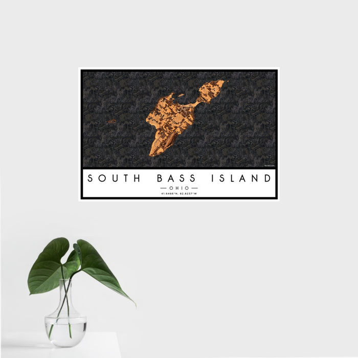 16x24 South Bass Island Ohio Map Print Landscape Orientation in Ember Style With Tropical Plant Leaves in Water