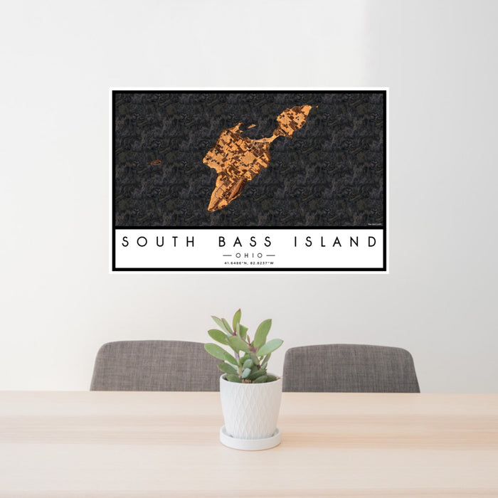 24x36 South Bass Island Ohio Map Print Lanscape Orientation in Ember Style Behind 2 Chairs Table and Potted Plant
