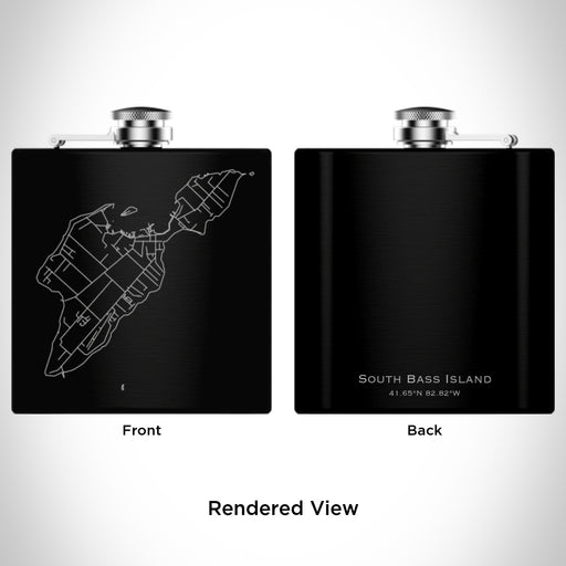 Rendered View of South Bass Island Ohio Map Engraving on 6oz Stainless Steel Flask in Black