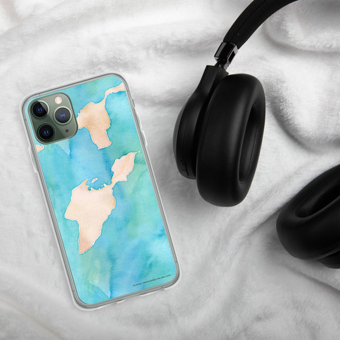 Custom South Bass Island Ohio Map Phone Case in Watercolor on Table with Black Headphones