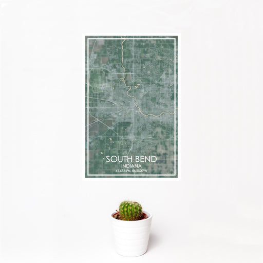 12x18 South Bend Indiana Map Print Portrait Orientation in Afternoon Style With Small Cactus Plant in White Planter