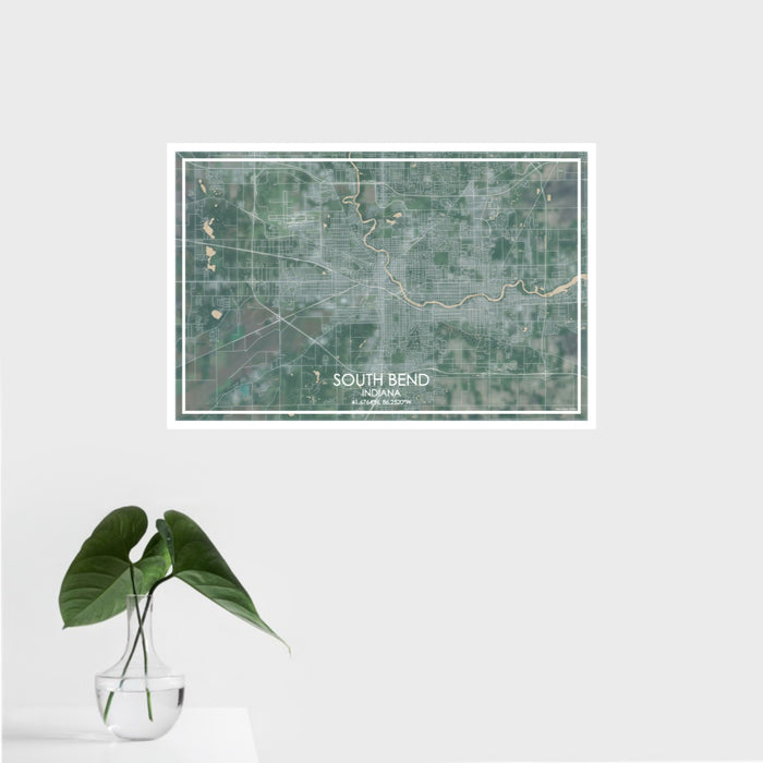 16x24 South Bend Indiana Map Print Landscape Orientation in Afternoon Style With Tropical Plant Leaves in Water