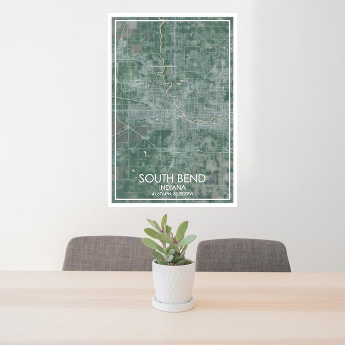 24x36 South Bend Indiana Map Print Portrait Orientation in Afternoon Style Behind 2 Chairs Table and Potted Plant