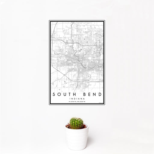 12x18 South Bend Indiana Map Print Portrait Orientation in Classic Style With Small Cactus Plant in White Planter