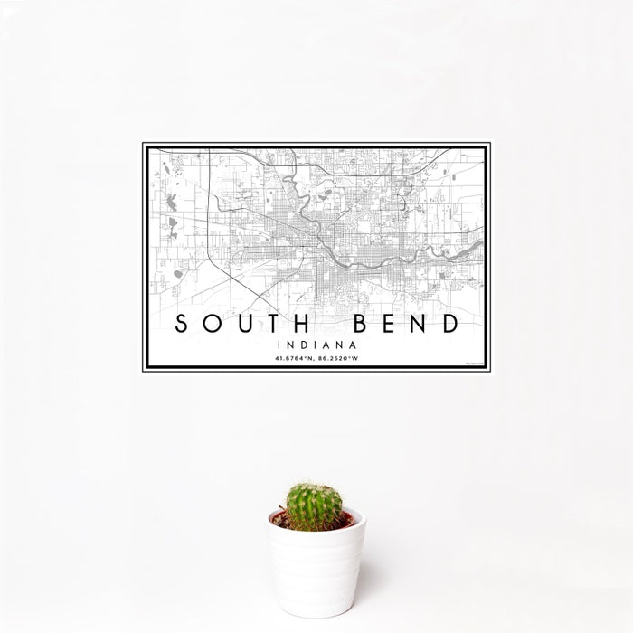 12x18 South Bend Indiana Map Print Landscape Orientation in Classic Style With Small Cactus Plant in White Planter