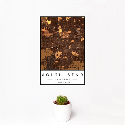 12x18 South Bend Indiana Map Print Portrait Orientation in Ember Style With Small Cactus Plant in White Planter