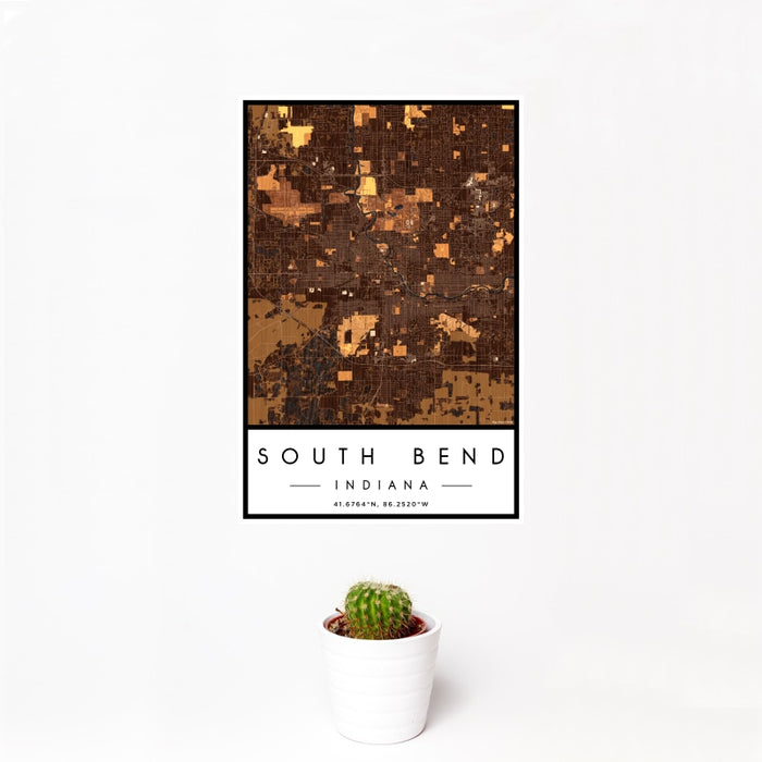 12x18 South Bend Indiana Map Print Portrait Orientation in Ember Style With Small Cactus Plant in White Planter