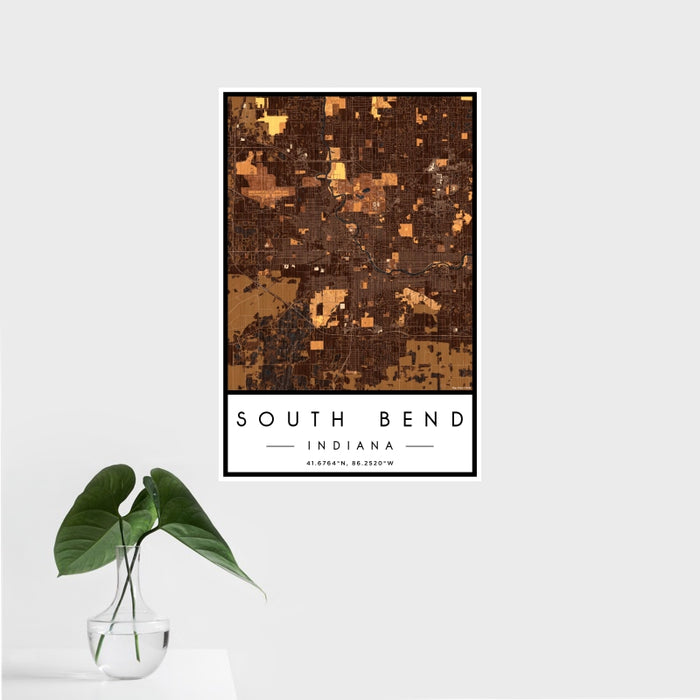 16x24 South Bend Indiana Map Print Portrait Orientation in Ember Style With Tropical Plant Leaves in Water