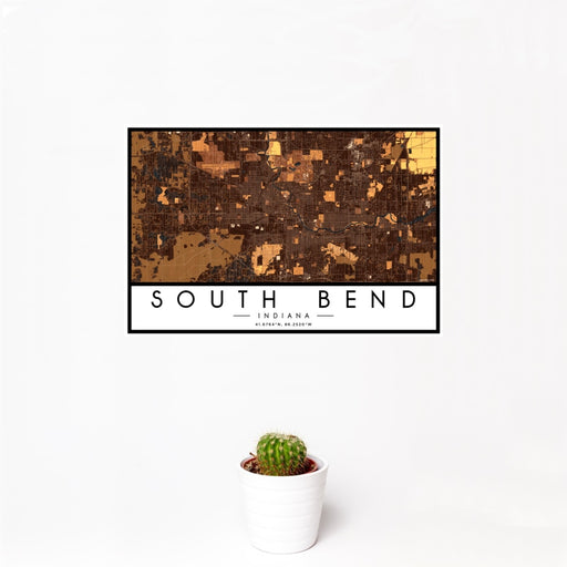 12x18 South Bend Indiana Map Print Landscape Orientation in Ember Style With Small Cactus Plant in White Planter