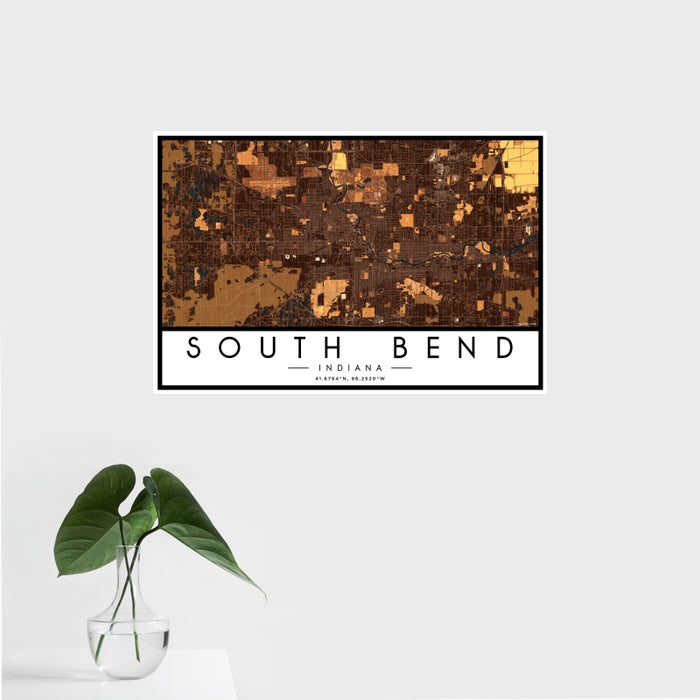 16x24 South Bend Indiana Map Print Landscape Orientation in Ember Style With Tropical Plant Leaves in Water