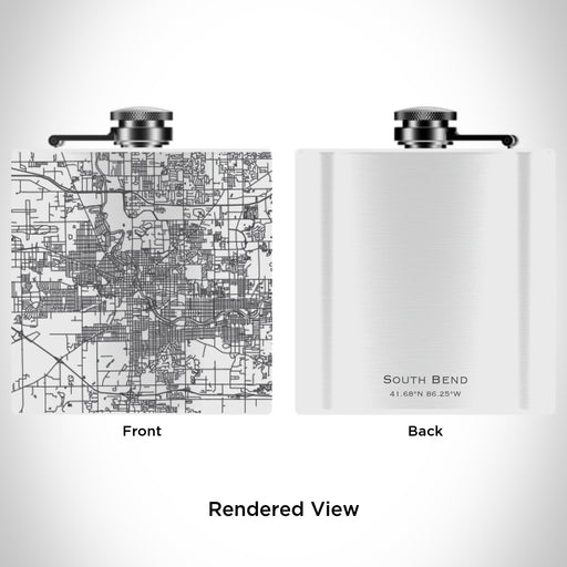 Rendered View of South Bend Indiana Map Engraving on 6oz Stainless Steel Flask in White