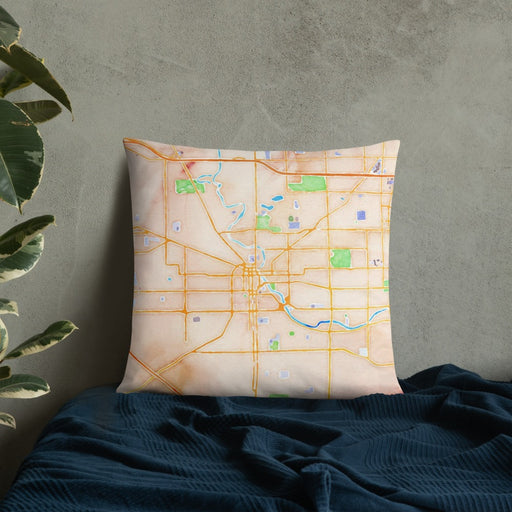 Custom South Bend Indiana Map Throw Pillow in Watercolor on Bedding Against Wall